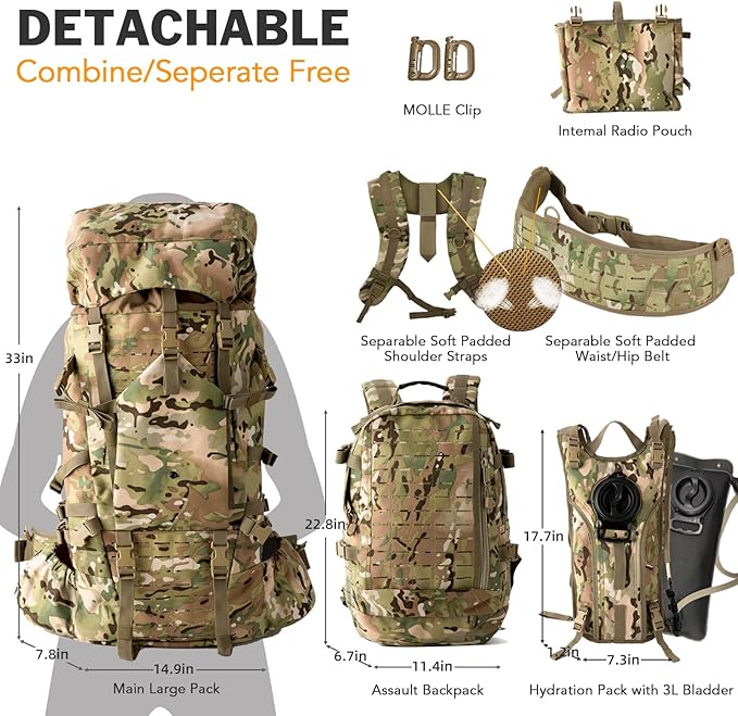 MT Military Army Large Rucksack with Detacheable Assault Backpack Hydration Pack Shoulder Straps and Waist Belt Metal Frame | Detacheable Hydration Pack Shoulder Straps Waist Belt Metal Frame