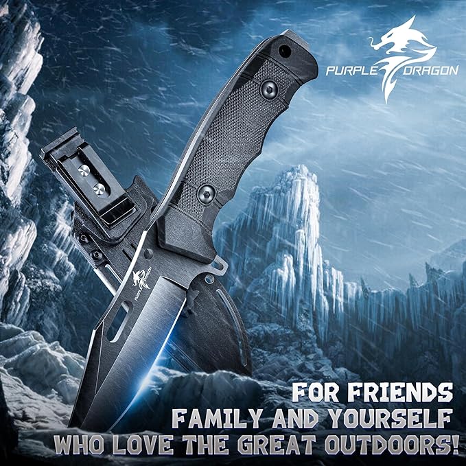 Purple Dragon Fixed Blade Knife with Kydex Sheath D2 Steel Survival Knives Black Camping Knife with Ergonomic G10 Handle Outdoor Knives for Men and Women