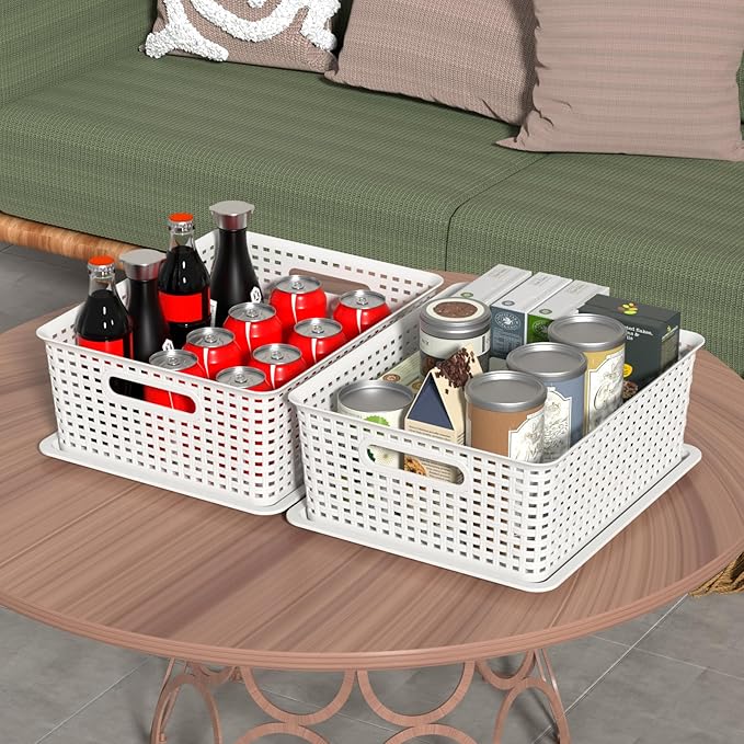 Hespama 6-Pack Plastic Weave Storage Basket with Lid Stackable Organizer Basket White