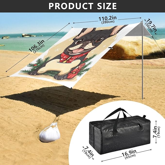 ALAZA Merry Christmas Cartoon French Bulldog Bone Beach Tent Sun Shelter Portable Canopy Sunshade for Outdoor Camping Picnics Backyard Fun 10x9 ft