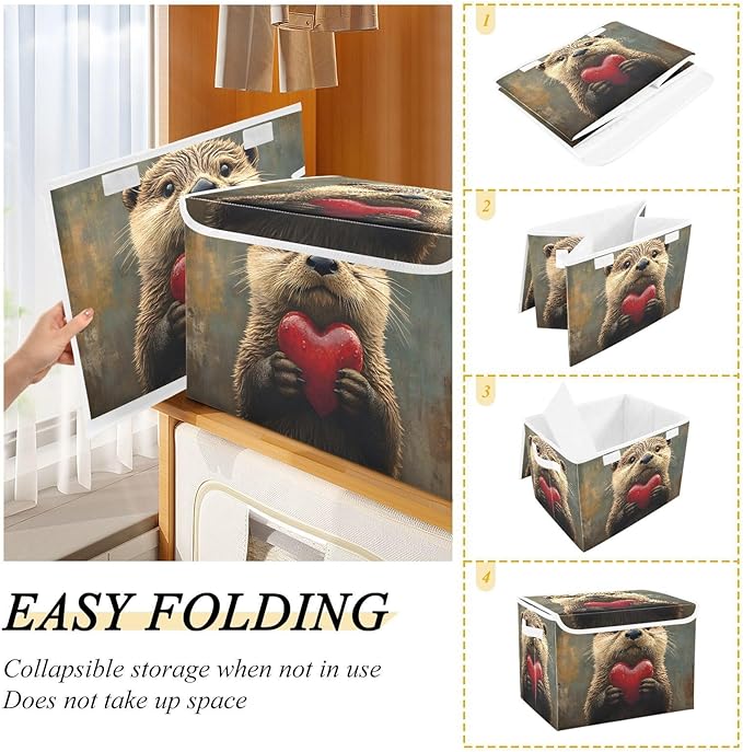 AIXIWAWA Lidded Storage Cube (Otter Love Heart) Fabric Foldable Closet Bins with Flip Lid and Handles Organizer Basket Container 16.5 x 12.6 x 11.8 IN