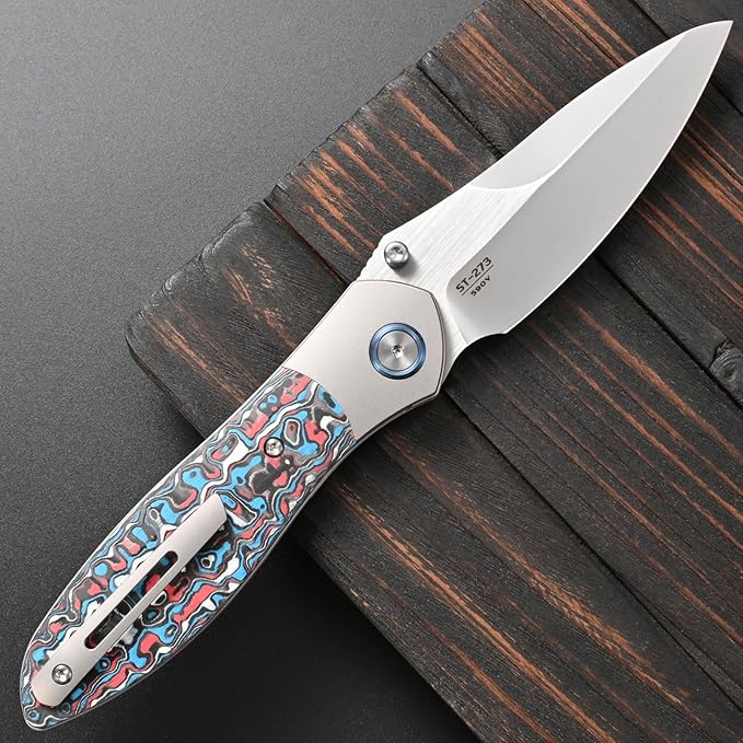 Sitivien ST273 Folding Knife S90V Steel Blade Titanium &amp Carbon Fiber Handle Knife with Pocket Clip for Outdoor Camping Hiking Survival Hunting (Blue+Red)