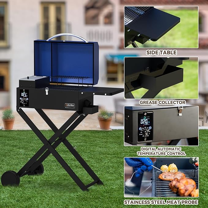 BBQ Wood Pellet Grill Smoker with Foldable Cart Meat Probe 2 Tiers Cooking Area Portable Smoking Grilling Stove for Outdoor Patio Cooking RV Camping Tailgating Blue GS342