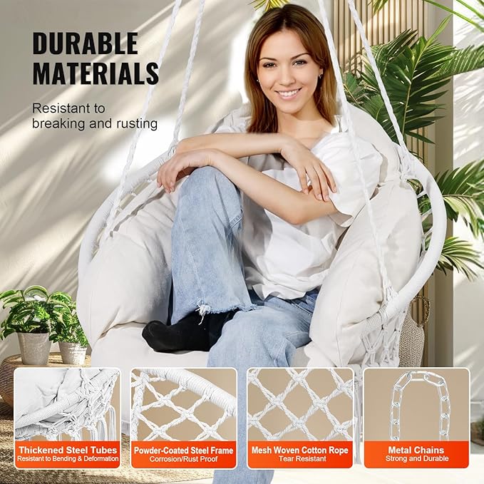 VEVOR Hanging Hammock Swing Chair Macramé Hanging Chair with Cushion and Mounting Hardware Cotton Rope Swing Chair for Bedroom Balcony Patio Garden 264 lbs Capacity White