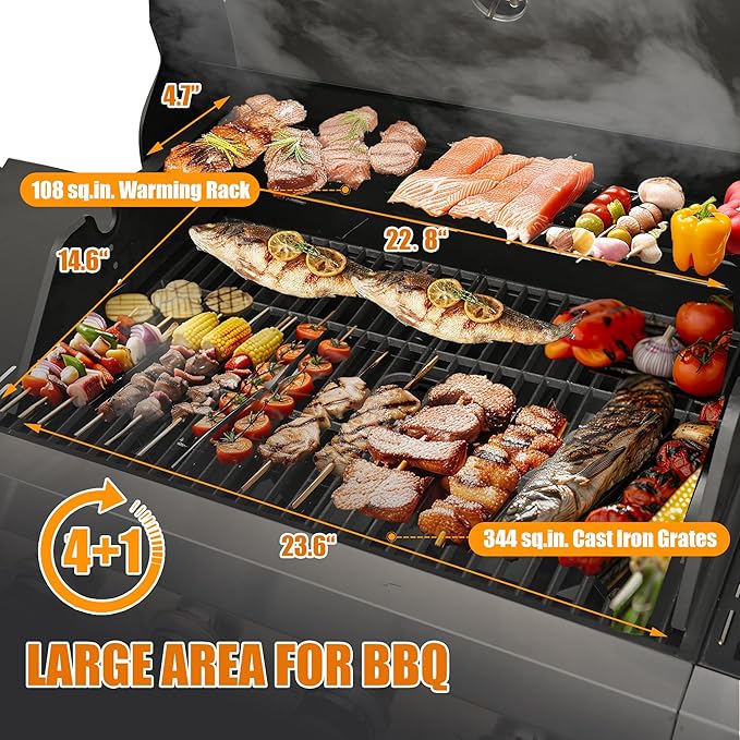 Livavege Outdoor BBQ Grill 4-Burner Propane Gas Grill with Side Burner &amp Cast Iron Grates - Stainless Steel 46700 Btu Barbecue Grills for Patio Cooking Kitchen Backyard Garden (4+1)