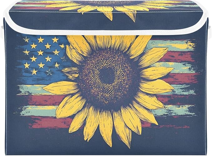 Sunflower America Storage Cube Bins Basket with Lid Collapsible Flip-top Fabric with Handle for Home Bedroom Closet Office 16.5×12.6×11.8 in