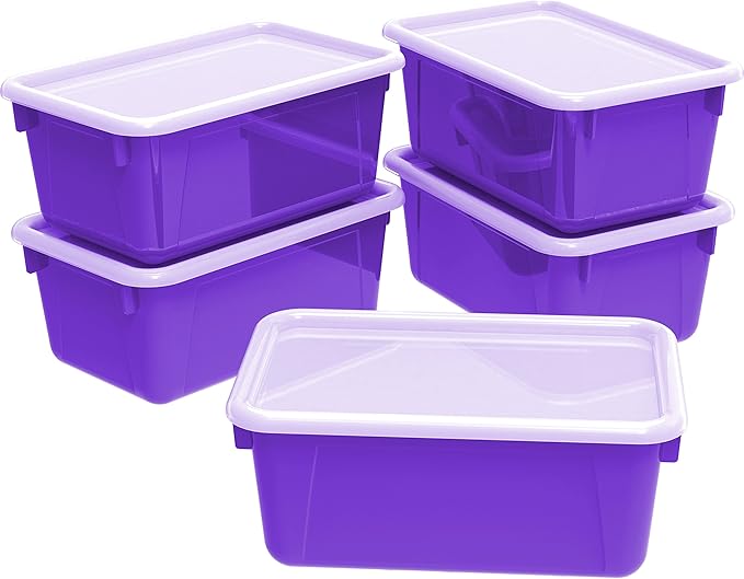 Storex Small Cubby Bins – Plastic Storage Containers for Classroom with Non-Snap Lid 12.2 x 7.8 x 5.1 inches Purple (62411U05C) (Pack of 5)