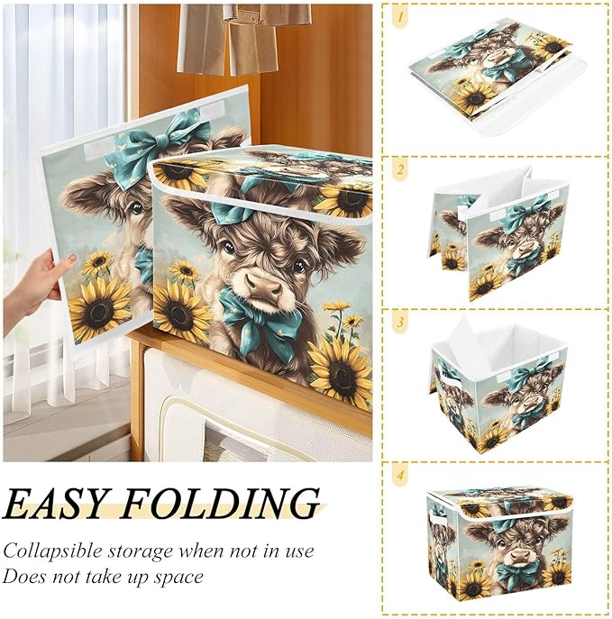MNSRUU Containers Baskets with Lids Cute Highland Cow Bow Fabric Foldable Storage Bins Organizer with Lid Collapsible Storage Boxes for Home Bedroom Closet Office