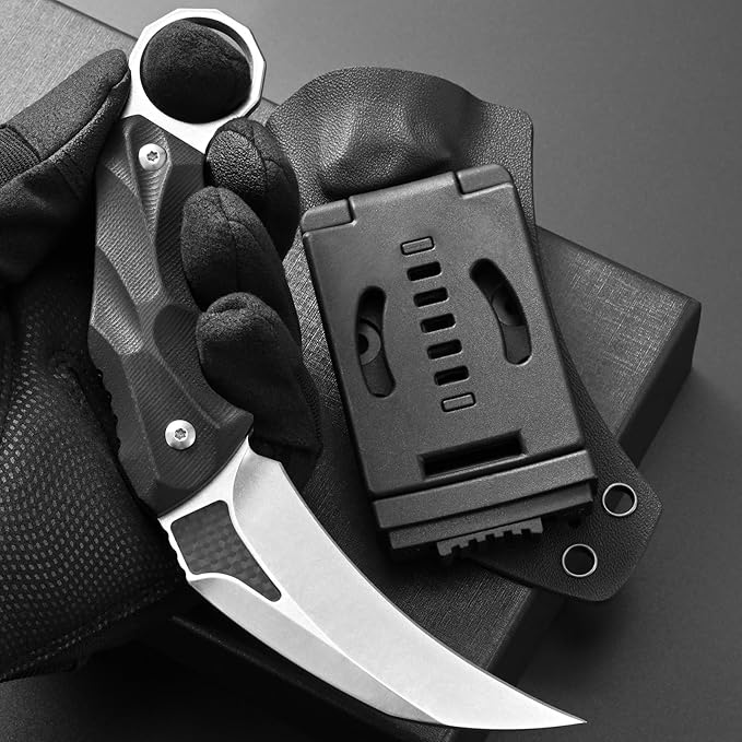 Ccanku C1692 Carbon Fiber Fixed Blade KnifeD2 Steel G10 Handle 4 Inches Camping EDC Tools Survival Claw Teeth Knife with Kydex Sheaths(Silver) … …