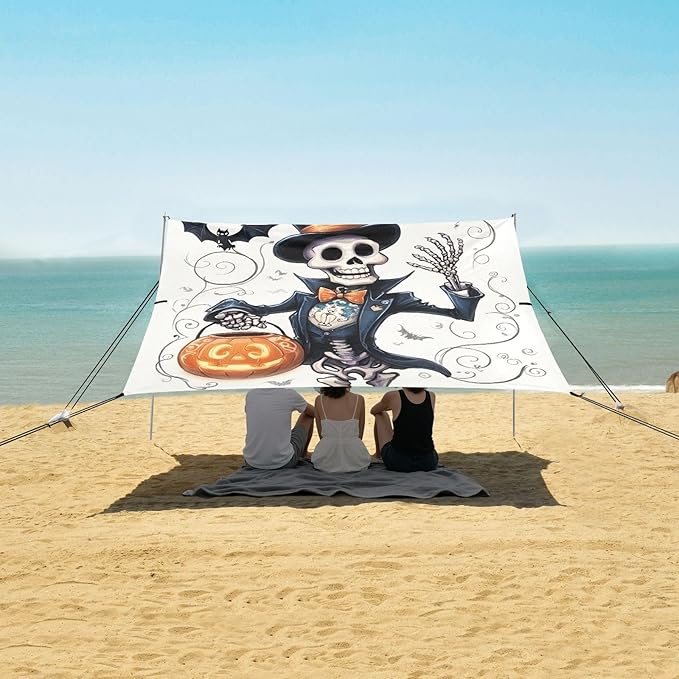 ALAZA Pumpkin Skull Skeleton Halloween Beach Tent Sun Shelter UPF50+ Protection Beach Shade Canopy w/ 4 Sandbags for Outdoor Camping Fishing Backyard Fun Picnic 10x9 ft