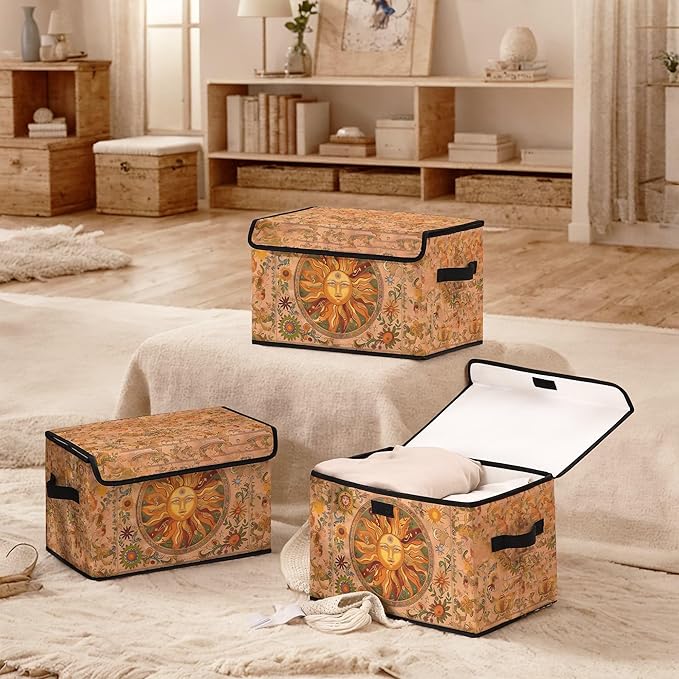 Stackable Clothes Storage Bins with LidsCloset Organizers Fabric Box for Home and OfficeBlanket Clothes OrganizersUnder Bed Storage Containers 3 Pack(Sun).