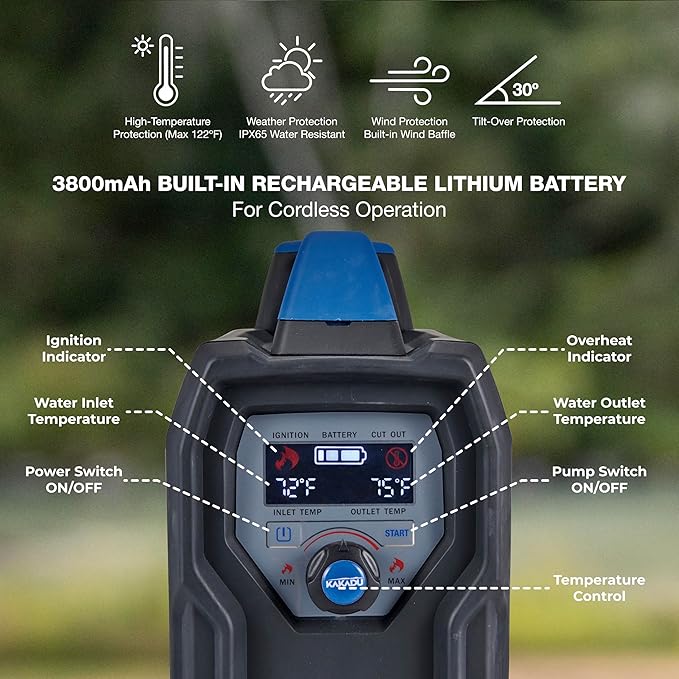 Kakadu Portable Camping Outback Shower Instant Hot Water for Outdoor Use - Slimline Design Rechargeable Lithium Battery Adjustable Shower Head Slim Pump Digital Display