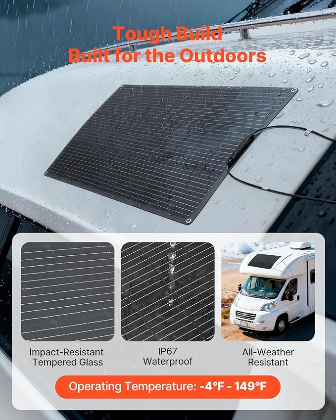 VEVOR Flexible Solar Panel 100W Semi-Flexible Bendable Monocrystalline Solar Panel 23% Efficiency Mono Off-Grid Charger with MC4 Output IP67 Waterproof for Marine RV Car Cabin Curved Surfaces
