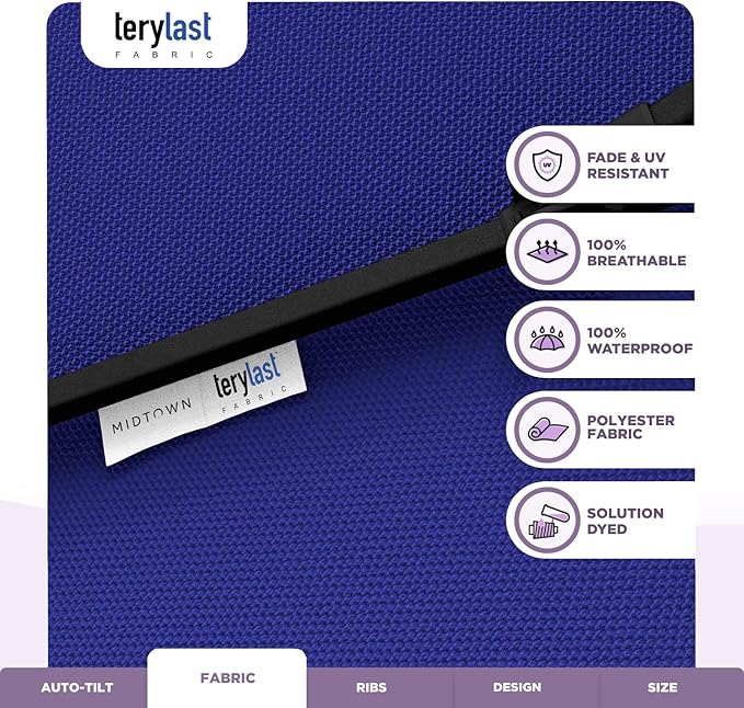 Midtown Umbrellas - 10-Year-No-Fade 8 Ft Patio Umbrella with Terylast Fabric Auto-Tilt Aluminum Frame and 8 Reinforced Ribs for Deck Pool Garden &amp Beach - Royal Blue Canopy Black Pole