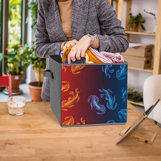 Fabric Storage Bins with Handles Yellow Blue Ice Fire Foldable Collapsible Cube Organizer for Shelves Multi-Purpose Box for Bedroom Living Room Closet
