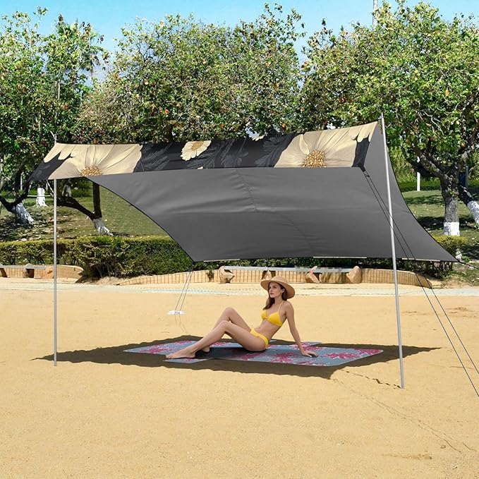 Butterfly and Flowers White Beach Tent Sun Shelter Set UPF50+ UV Protection 10.5 x 9.19 FT Camping Shade Canopy with Sandbags Sand Anchors Carrying Bag and Others