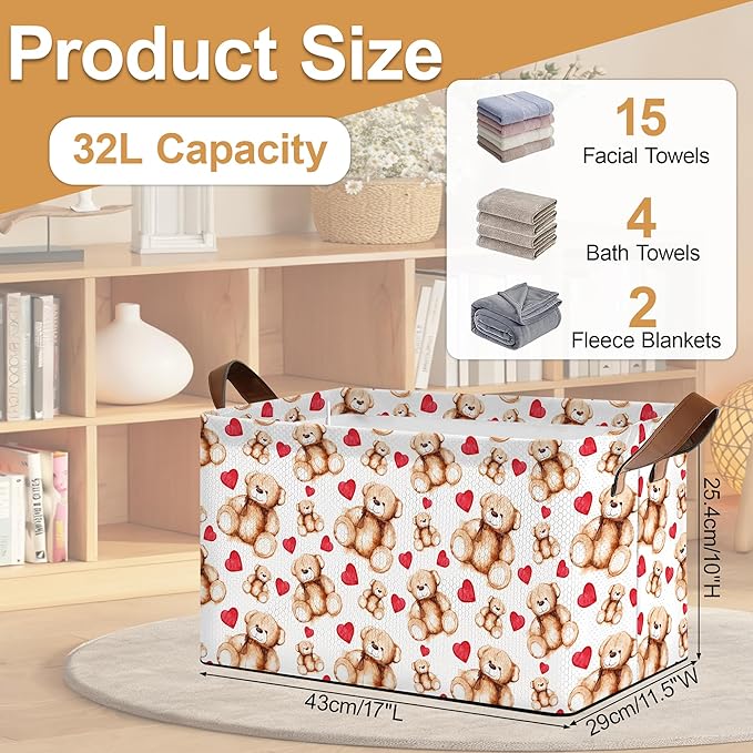 Bear Heart Storage Bin with Handles Valentines Love Basket Storage Organizer for Shelves Closet Nursery Book Laundry Hamper &amp Home Decor