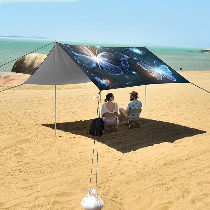 ALAZA Glowing Blue Butterfly Beach Tent Sun Shelter Portable Canopy Sunshade for Outdoor Camping Picnics Backyard Fun 10x9 ft