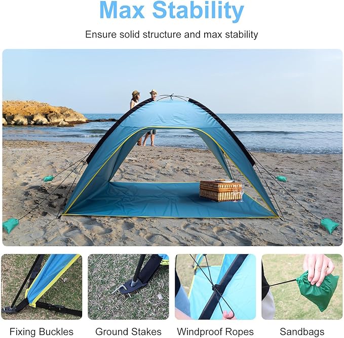 Beach Tent Sun Shelter for 4-6 Person Portable UPF 50+ UV Protection Sun Shade Shelter Easy Setup Waterproof Beach Shade Canopy with with Carrying Bag Lightweight Outdoor Tent