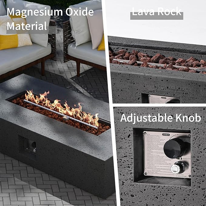 SUNBURY Outdoor Travertine Fire Pit Table 56 inches Rectangle Propane Gas Patio Fire Pit 50000 BTU Concrete Low Firepit Table with Lava Rocks Waterproof Cover (Grey)