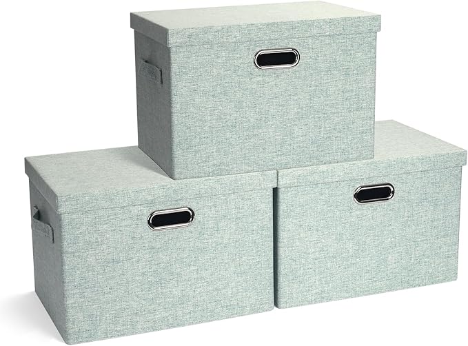Graciadeco Large 17 36 Quart Collapsible Stackable Storage Bins with Lids 3 Packs Light Green Linen Fabric Closet Boxes with Lids Storage Cube Baskets Container Organizers for Office (17x12x11)
