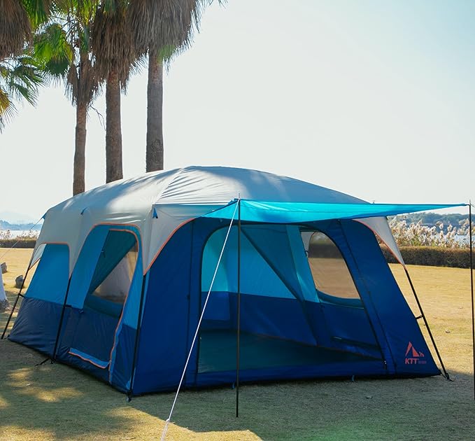 KTT Extra Large Tent 10-12-14 Person(B)Family Cabin Tents2 Rooms3 Doors and 3 Windows with MeshStraight WallWaterproofDouble LayerBig Tent for OutdoorPicnicCampingFamily Gathering