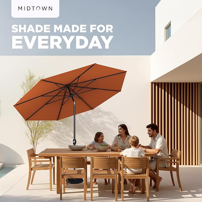 Midtown Umbrellas - 10-Year-No-Fade 9 Ft Patio Umbrella with Terylast Fabric Auto-Tilt Aluminum Frame and 8 Reinforced Ribs for Deck Pool Garden &amp Beach - Dark Orange Canopy Black Pole