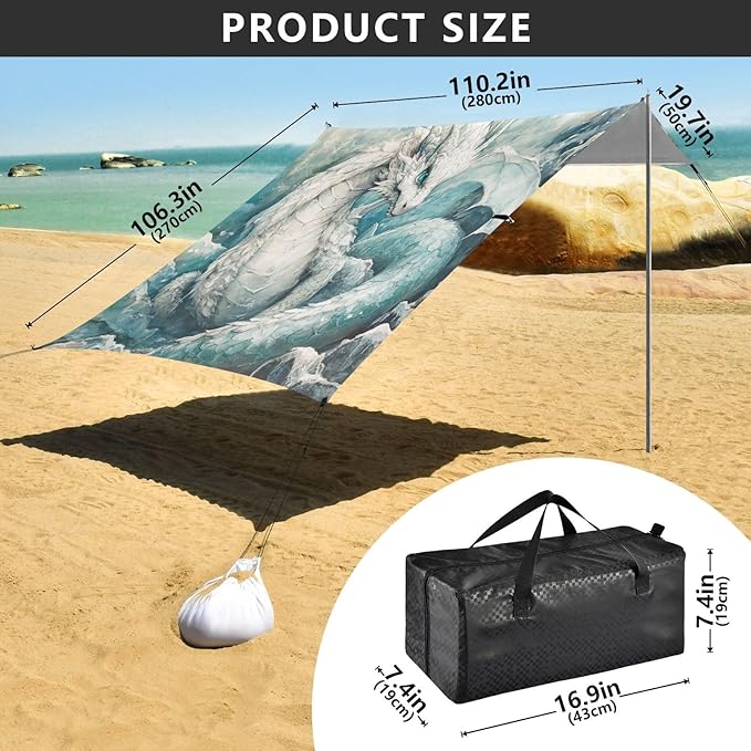 ALAZA Ice Dragon Beach Tent Sun Shelter UPF50+ Protection Beach Shade Canopy w/ 4 Sandbags for Outdoor Camping Fishing Backyard Fun Picnic 10x9 ft
