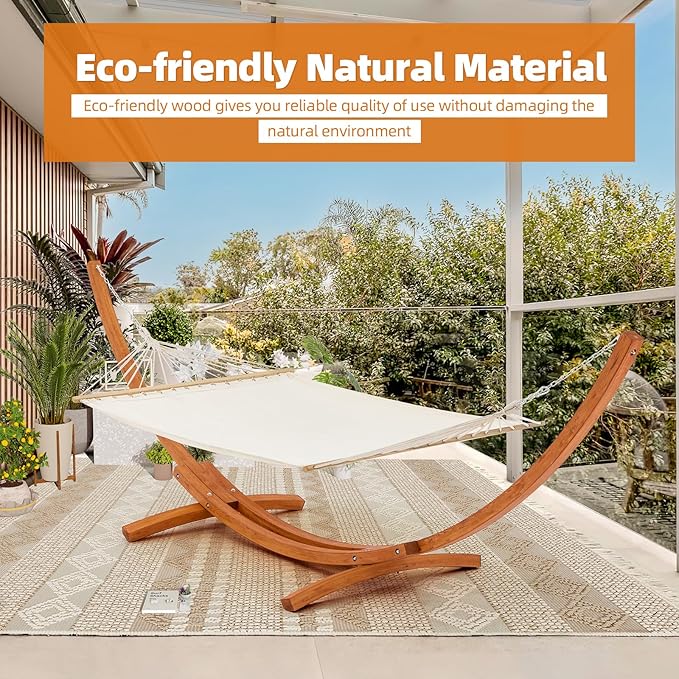 ECOTOUGE 14 FT Hammock with Stand 2 Person Heavy Duty Hammock Stand Large Hammock Bed for Porch Patio Balcony Garden Backyard White-Yellow