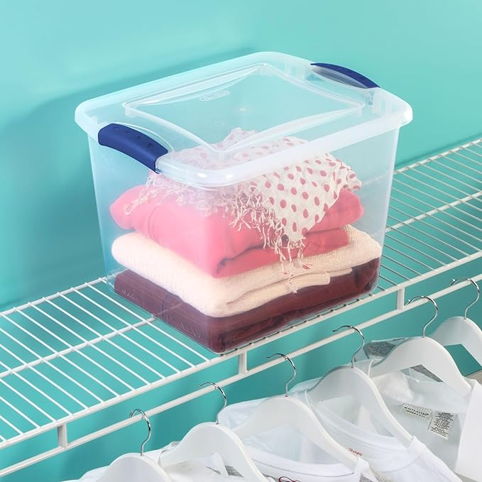 (4 pack) 27 Quart Clear Latching Storage Bin with Lid Stackable Plastic Container for Shelves Closet &amp Craft Storage