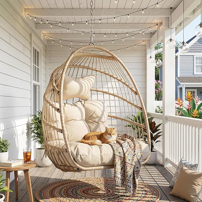 Nicesoul Outdoor Hanging Egg Chair Without Stand Patio Wicker Swing Egg Basket Chairs with Padded Cushion 350 Lbs Comfy Cozy Ceiling Tree Swinging Egg-Shaped Chair No Stand for Indoor Balcony Beige