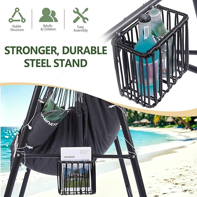 Hammock Chair Hanging Rope Swing &amp Stand Set with Two Holders Heavy Duty Hanging Stand with Three Hooks Multi-Use for Indoor Outdoor Patio Yard Garden(Black &amp Black)