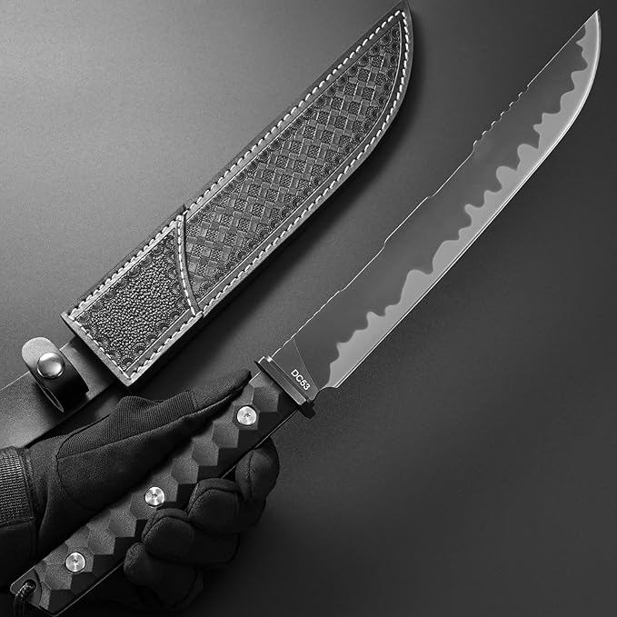 Gtkii GTK38 Fixed Blade Knife DC53 Steel Blade Full Tang Nylon Fiberglass Handle Samurai Style Fix Knifes for Outdoor Camping Hunting Collection with Leather Sheath(Black)