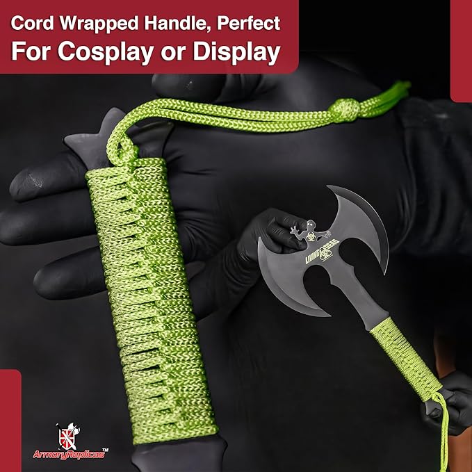 Armory Replicas™ Double Headed Skulking Throwing Axe – Full Tang Black Anodized Stainless Steel Axe with Green Nylon Wrap &amp Sheath