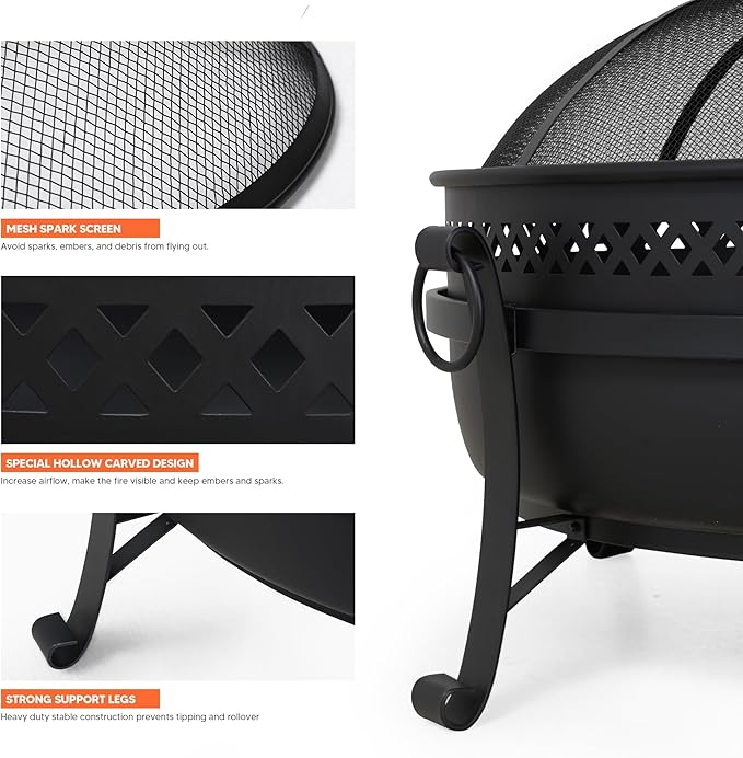 SUNCREAT Outdoor Patio Fire Pit with Mesh Spark Screen 40 Portable Fire Pit for Camping Black