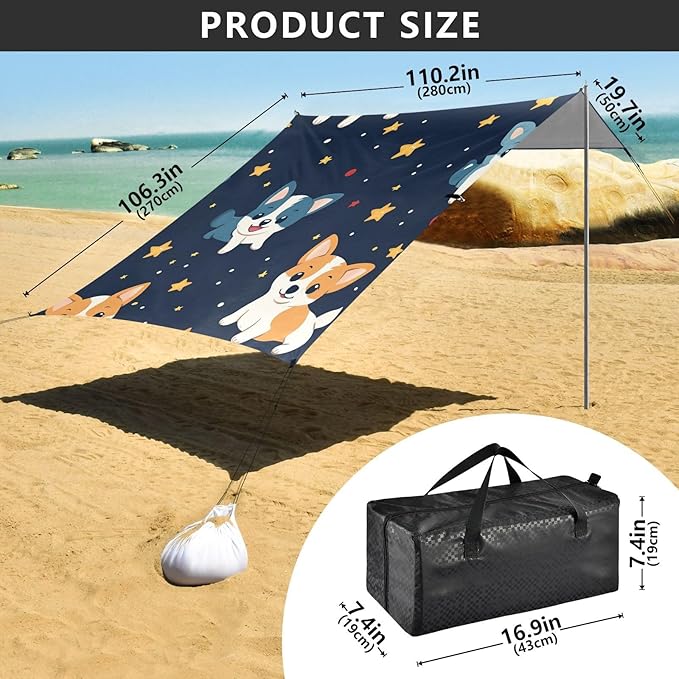 ALAZA Cute Puppies Dog Stars Seamless Beach Tent Sun Shelter Portable Canopy Sunshade for Outdoor Camping Picnics Backyard Fun 10x9 ft