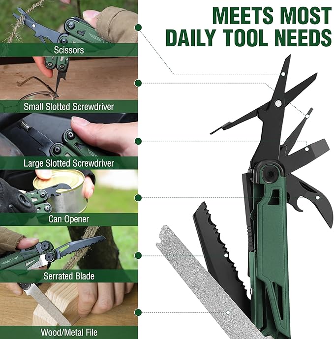 FLISSA Multitool 15-in-1 Multi Tool Pocket Knife with Sheath Stainless Steel EDC Multitool Pliers for Men All-in-One Tools for Camping Fishing Survival – Ideal Christmas Gift for Man