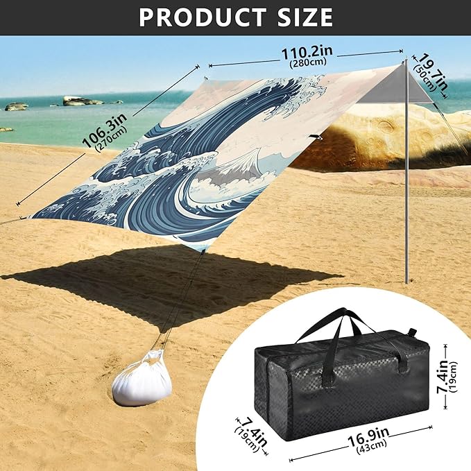 Waves Beach Canopy Sun Shelter with Sandbags &amp Sand Shovel &amp Windproof Ropes - Portable 110x126 Beach Shade Beach Tent for Camping Picnics