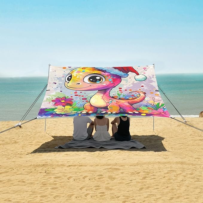 Funny Dinosaur Beach Canopy UPF50+ Protection Water-Resistant Shade Sun Shelter Includes Sand Shovel Sandbags Stability Poles for Camping Picnics Backyard