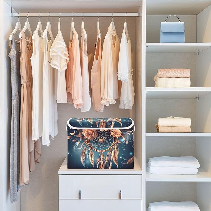 Dreamcatcher Feather Space Collapsible Storage Bins with Lids &amp Handles Foldable Storage Boxes Basket with Flip-Top Lid for Home Office 16.5” x 12.6” x 11.8”