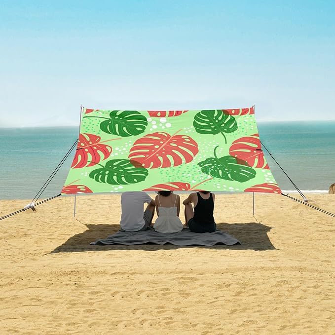 xigua Leaf Beach Tent Sun Shelter with Carrying Bag - Silver Coated Oxford Fabric Beach Canopy for Beach Camping Fishing - Includes Windproof Ropes Sandbags &amp Stakes
