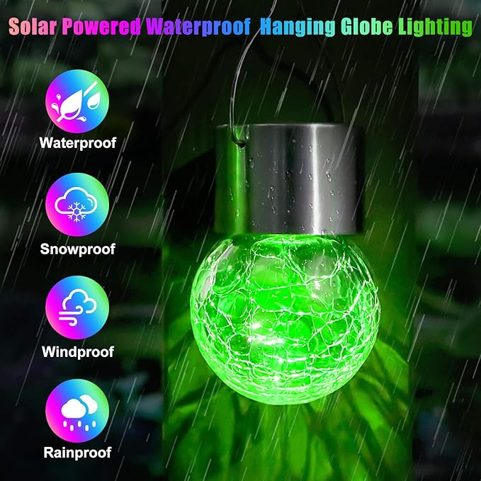 12Pack Outdoor Hanging Solar Lights - Cracked Glass Solar Lights Waterproof LED Decorative Ball Lights Tree Solar Powered Globe Lights with Hook for Garden Yard Fence Christmas Decoration Multicolor