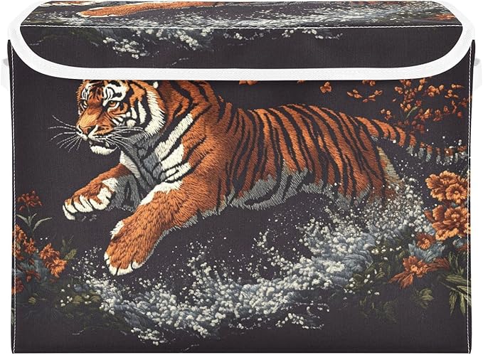AIXIWAWA Lidded Storage Cube (Floral Animal) Fabric Foldable Closet Bins with Flip Lid and Handles Organizer Basket Container 16.5 x 12.6 x 11.8 IN