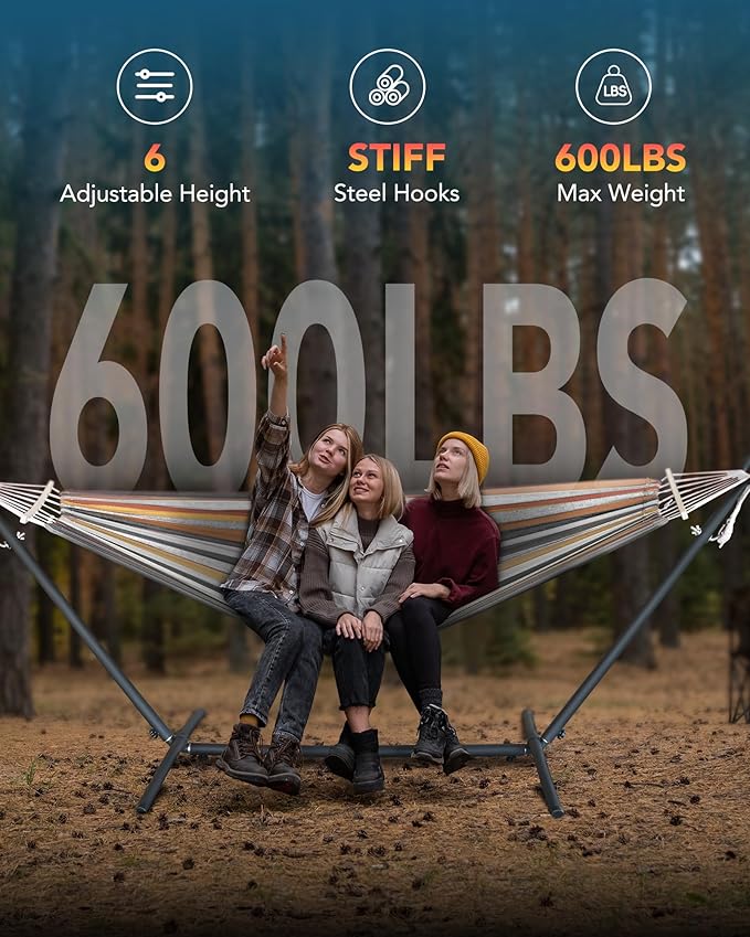 Everyfun Double Hammock with Space-Saving Steel Stand 2 Person Heavy-Duty Hammock for Garden Yard or Outdoor 600lbs Capacity Coffee