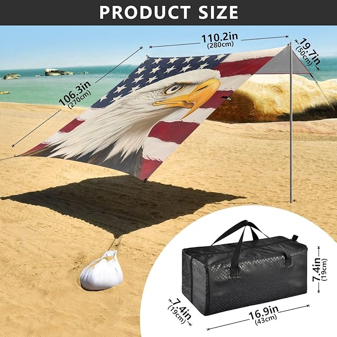 ALAZA Bald Eagle USA Flag Beach Tent Sun Shelter UPF50+ Protection Beach Shade Canopy w/ 4 Sandbags for Outdoor Camping Fishing Backyard Fun Picnic 10x9 ft