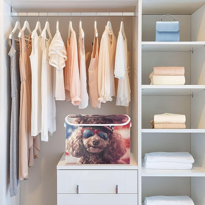 Storage Cube with Lid American Dog Print 16.5×12.6×11.8 IN Collapsible Large Capacity Foldable Storage Basket Bin Organizer