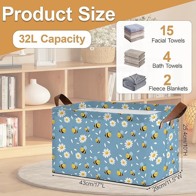 32L Large Storage Bins with Handles Basket Organizer for Shelves Closet Books Laundry &amp Home Decor (Bee Daisy)
