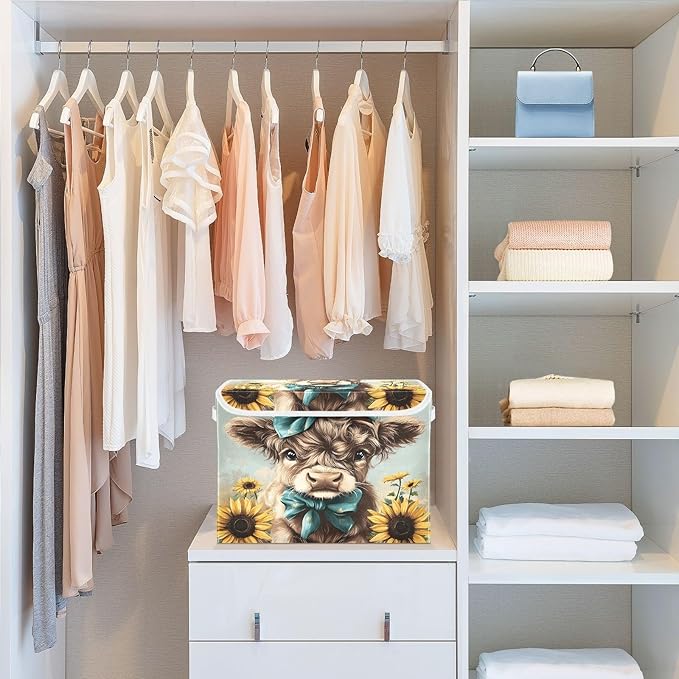 MNSRUU Containers Baskets with Lids Cute Highland Cow Bow Fabric Foldable Storage Bins Organizer with Lid Collapsible Storage Boxes for Home Bedroom Closet Office