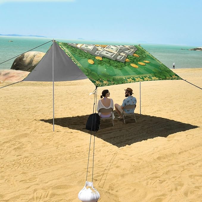Beach Canopy with Windproof Ropes &amp Sandbags Beach Tent Sun Shade Sun Shelter for Camping Trips Fishing Backyard Fun or Picnics St. Patrick's Day