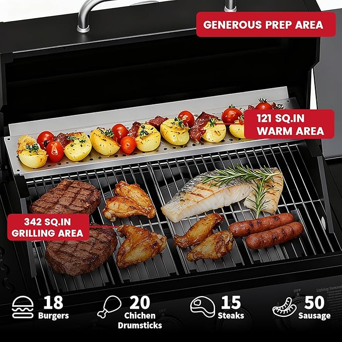 4 Burner Propane Gas Grill Output 50000 BTU Outdoor BBQ Gas Grill with Side Burner Built-in Thermometer &amp Wheels Outdoor Cooking for Patio Backyard BBQ